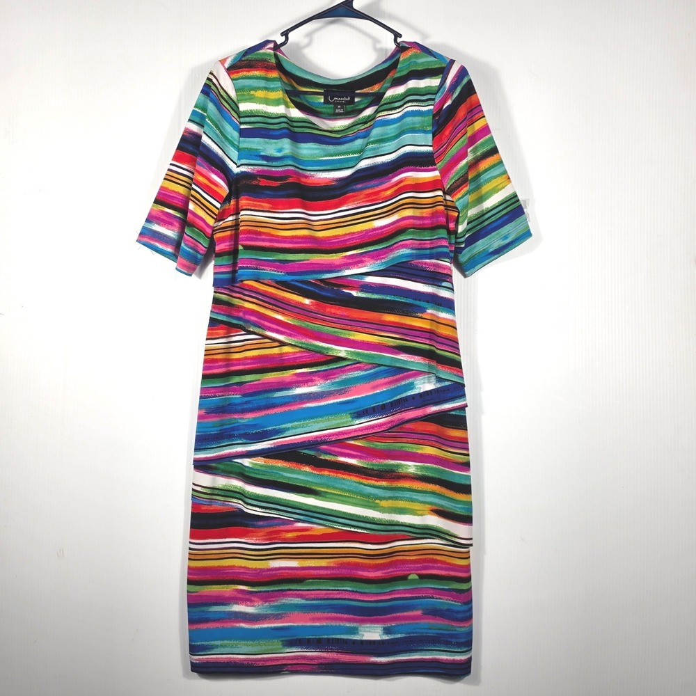 Connected Apparel Multicolor Striped Tiered Sheath Dress Size 14 Short Sleeve
